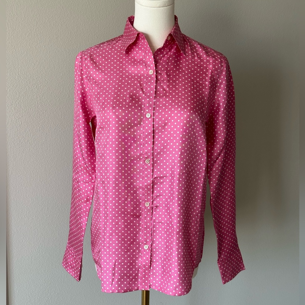 Jones New York Vintage Silk Pink and White Polka Dot Button Down Blouse.